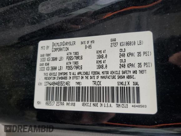 2006 Dodge Dakota SLT with VIN 1D7HW48N46S521461, listed as a Copart auction lot 53508365 with 148,538 mi miles and Salvage Title. Bid and sale history available at carsss.com. Image 13.