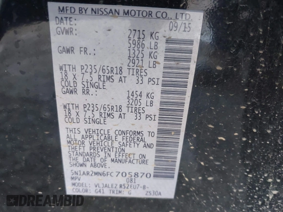 2015 Nissan Pathfinder SV z VIN 5N1AR2MN6FC705870, wystawiony jako IAAI lot #41206622 z przebiegiem Nie podano mil oraz . Historia ofert i sprzedaży dostępna na DreamBid. Obrazek 9.
