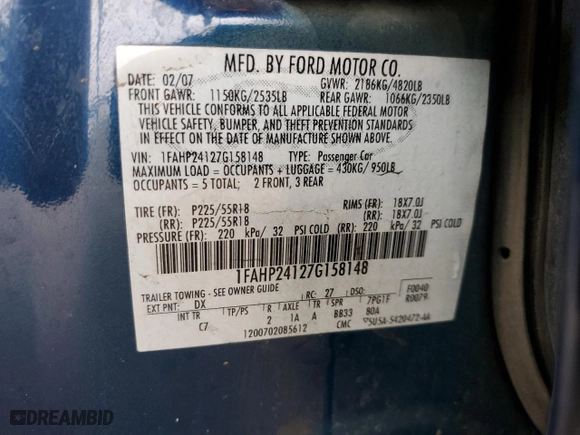 2007 Ford Five Hundred SEL with VIN 1FAHP24127G158148, listed as a Copart auction lot 46072455 with NaN miles and Salvage Title. Bid and sale history available at carsss.com. Image 14.