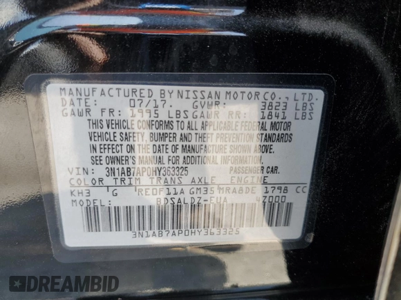 2017 Nissan Sentra SV with VIN 3N1AB7AP0HY363325, listed as a Copart auction lot 58713625 with 56,101 mi miles and Salvage title. Bid and sale history available at DreamBid. Image 12.