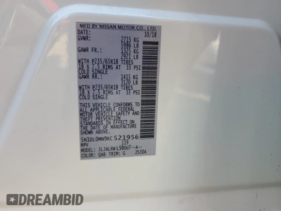 2019 Infiniti QX60 Luxe with VIN 5N1DL0MN9KC521956, listed as a Copart auction lot 47044395 with 63,093 mi miles and Salvage Title. Bid and sale history available at DreamBid. Image 13.