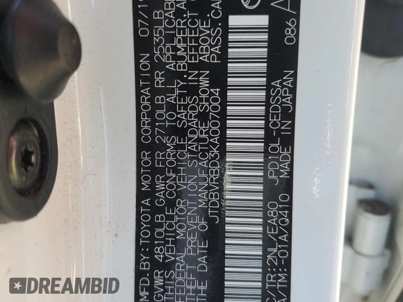2019 Toyota Mirai with VIN JTDBVRBD3KA007004, listed as a Copart auction lot 52381245 with 53,786 mi miles and Salvage Title. Bid and sale history available at carsss.com. Image 12.