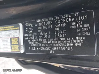 2017 Kia Sedona L with VIN KNDMA5C14H6259003, listed as a IAAI auction lot 40433286 with 1 mi miles. Bid and sale history available at carsss.com. Image 9.