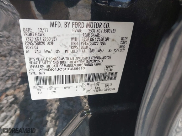 2012 Ford Edge SEL with VIN 2FMDK4JC3CBA66410, listed as a IAAI auction lot 41258603 with 999,999 mi miles. Bid and sale history available at carsss.com. Image 9.