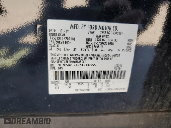 2019 Ford Explorer Sport with VIN 1FM5K8GT0KGB32227, listed as a Copart auction lot 56478445 with 39,980 mi miles and Salvage title. Bid and sale history available at DreamBid. Image 14.