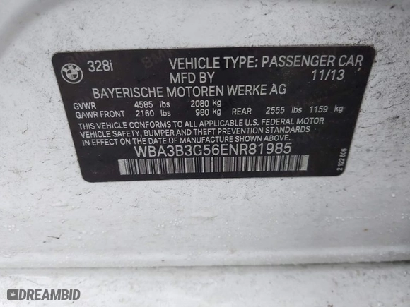 2014 BMW 3 Series 328i xDrive with VIN WBA3B3G56ENR81985, listed as a IAAI auction lot 41416541 with NaN miles. Bid and sale history available at carsss.com. Image 9.