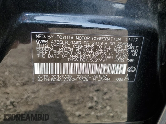 2018 Lexus IS 300 with VIN JTHC81D2XJ5027491, listed as a Copart auction lot 53449575 with 99,040 mi miles and Salvage title. Bid and sale history available at DreamBid. Image 12.