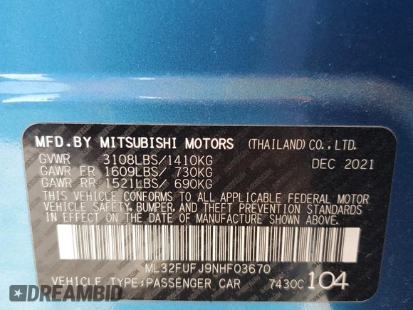 2022 Mitsubishi Mirage ES z VIN ML32FUFJ9NHF03670, wystawiony jako Copart lot #52821545 z przebiegiem 65 366 mil mil oraz Czysty tytuł • Clean title. Historia ofert i sprzedaży dostępna na DreamBid. Obrazek 12.