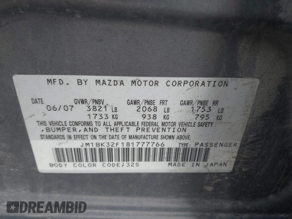 2008 Mazda 3 i Sport with VIN JM1BK32F181777766, listed as a IAAI auction lot 42075908 with Not Provided miles and . Bid and sale history available at DreamBid. Image 9.