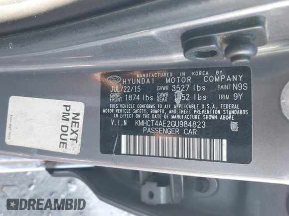 2016 Hyundai Accent SE with VIN KMHCT4AE2GU984823, listed as a IAAI auction lot 38895924 with 141,396 mi miles and . Bid and sale history available at DreamBid. Image 9.