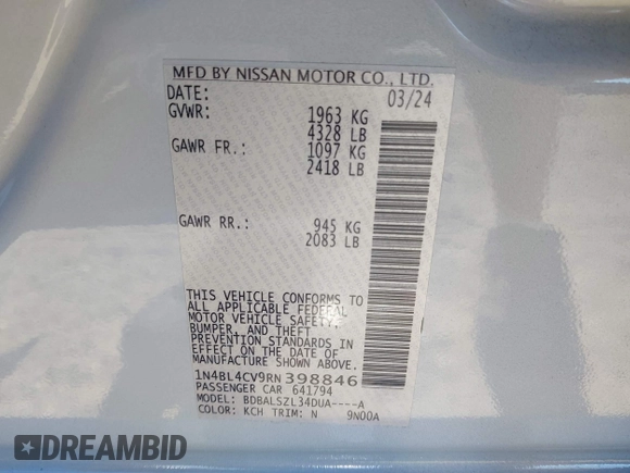 2024 Nissan Altima SR z VIN 1N4BL4CV9RN398846, wystawiony jako IAAI lot #42210282 z przebiegiem 4 973 mil mil oraz . Historia ofert i sprzedaży dostępna na DreamBid. Obrazek 9.