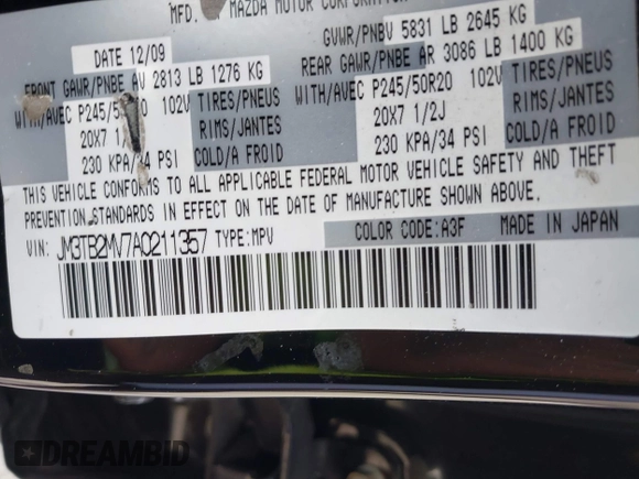 2010 Mazda CX-9 Grand Touring with VIN JM3TB2MV7A0211357, listed as a IAAI auction lot 42013067 with 161,081 mi miles and . Bid and sale history available at DreamBid. Image 9.