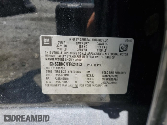 2015 Chevrolet Tahoe LT with VIN 1GNSCBKC7FR624103, listed as a Copart auction lot 57988125 with Not provided miles and Salvage title. Bid and sale history available at DreamBid. Image 14.