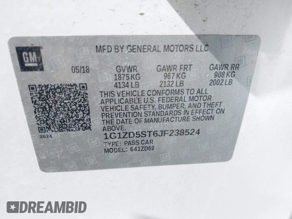 2018 Chevrolet Malibu LT z VIN 1G1ZD5ST6JF238524, wystawiony jako IAAI lot #41701717 z przebiegiem 167 986 mil mil oraz . Historia ofert i sprzedaży dostępna na DreamBid. Obrazek 9.