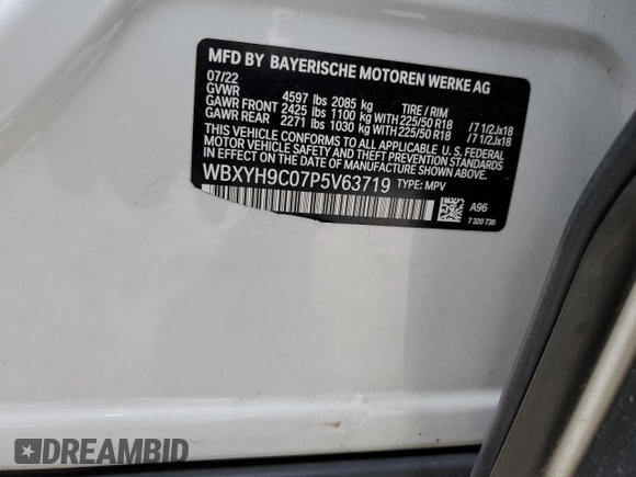 2023 BMW X2 sDrive28i with VIN WBXYH9C07P5V63719, listed as a Copart auction lot 87309194 with 43,124 mi miles and Salvage Title. Bid and sale history available at carsss.com. Image 12.