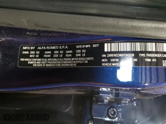 2017 Alfa Romeo Giulia Ti z VIN ZARFAECN6H7543339, wystawiony jako Copart lot #47017935 z przebiegiem 97 435 mil mil oraz Szkody całkowita. Historia ofert i sprzedaży dostępna na DreamBid. Obrazek 12.