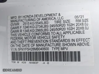 2021 Honda Pilot Special Edition with VIN 5FNYF5H28MB040600, listed as a IAAI auction lot 41512530 with 23,528 mi miles. Bid and sale history available at carsss.com. Image 9.