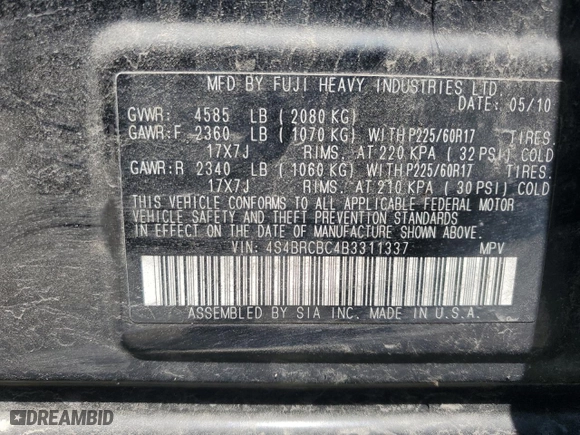 2011 Subaru Outback 2.5i Prem with VIN 4S4BRCBC4B3311337, listed as a Copart auction lot 56037974 with 88,027 mi miles and Salvage Title. Bid and sale history available at carsss.com. Image 13.
