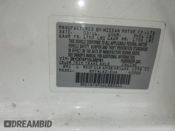 2016 Nissan Versa S Plus with VIN 3N1CN7AP1GL880161, listed as a IAAI auction lot 42147877 with 188,673 mi miles. Bid and sale history available at carsss.com. Image 9.