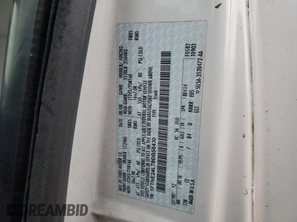 2008 Ford Econoline Cargo Commercial z VIN 1FTNE24L78DB58430, wystawiony jako Copart lot #87363034 z przebiegiem Nie podano mil oraz Szkoda całkowita • Salvage title. Historia ofert i sprzedaży dostępna na DreamBid. Obrazek 16.