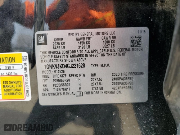 2016 Chevrolet Traverse LTZ with VIN 1GNKVJKD4GJ221628, listed as a Copart auction lot 42177025 with 118,263 mi miles and Salvage Title. Bid and sale history available at DreamBid. Image 16.