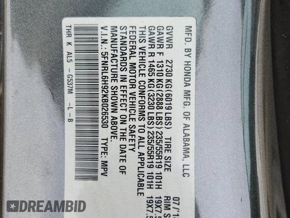 2019 Honda Odyssey Elite z VIN 5FNRL6H92KB026530, wystawiony jako Copart lot #58781465 z przebiegiem 105 878 mil mil oraz Szkoda całkowita • Salvage title. Historia ofert i sprzedaży dostępna na DreamBid. Obrazek 13.
