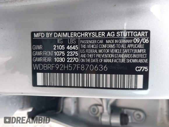2007 Mercedes-Benz C 280 Luxury with VIN WDBRF92H57F870636, listed as a IAAI auction lot 41810663 with 136,025 mi miles and . Bid and sale history available at DreamBid. Image 9.