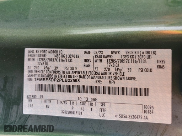 2023 Ford Bronco z VIN 1FMEE5DP2PLB22598, wystawiony jako Copart lot #54707415 z przebiegiem 10 266 mil mil oraz Szkoda całkowita • Salvage title. Historia ofert i sprzedaży dostępna na DreamBid. Obrazek 13.
