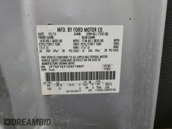 2013 Ford F-150 XL with VIN 1FTNF1EF1DKF15607, listed as a Copart auction lot 82868284 with 206,015 mi miles and Salvage title. Bid and sale history available at DreamBid. Image 13.