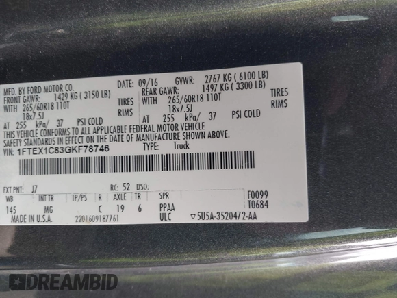 2016 Ford F-150 XL с VIN 1FTEX1C83GKF78746, выставлен на аукционе IAAI как лот 42606739 с пробегом 224 158 миль миль и . История ставок и продаж доступна на DreamBid. Изображение 9.