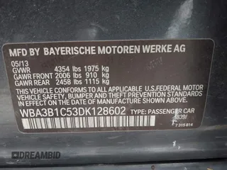 2013 BMW 3 Series 320i with VIN WBA3B1C53DK128602, listed as a IAAI auction lot 41952771 with 103,564 mi miles and . Bid and sale history available at carsss.com. Image 9.