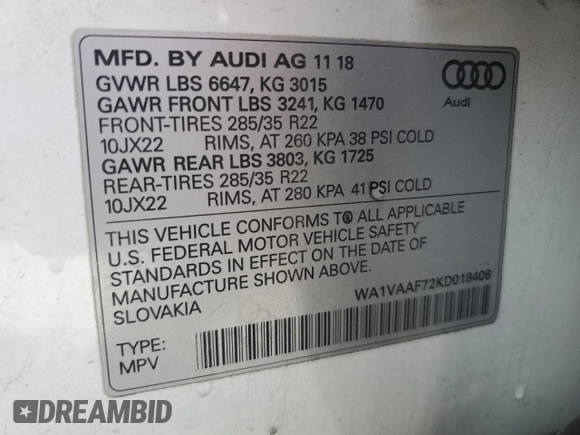 2019 Audi Q7 Prestige with VIN WA1VAAF72KD018406, listed as a Copart auction lot 49321975 with 134,333 mi miles and Salvage Title. Bid and sale history available at carsss.com. Image 13.