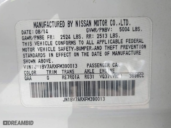 2015 Infiniti Q50 with VIN JN1BV7ARXFM390013, listed as a IAAI auction lot 41767784 with 175,739 mi miles. Bid and sale history available at carsss.com. Image 9.