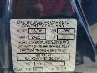 1999 Jaguar XJ with VIN SAJKX6049XC853940, listed as a Copart auction lot 74581244 with 0 mi miles and Salvage Title. Bid and sale history available at carsss.com. Image 12.