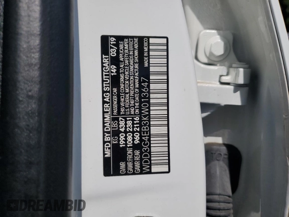 2019 Mercedes-Benz A 220 z VIN WDD3G4EB3KW013647, wystawiony jako Copart lot #53867645 z przebiegiem 84 904 mil mil oraz Nie do naprawy • Non repairable. Historia ofert i sprzedaży dostępna na DreamBid. Obrazek 12.