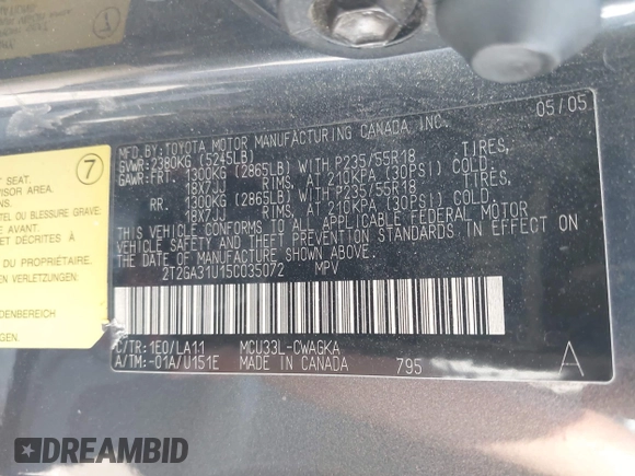 2005 Lexus RX 330 with VIN 2T2GA31U15C035072, listed as a IAAI auction lot 42755321 with 464,096 mi miles and . Bid and sale history available at DreamBid. Image 9.