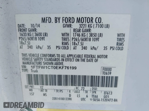 2014 Ford F-150 XL with VIN 1FTFW1CT0EKF76199, listed as a IAAI auction lot 42408498 with 103,695 mi miles and . Bid and sale history available at DreamBid. Image 9.