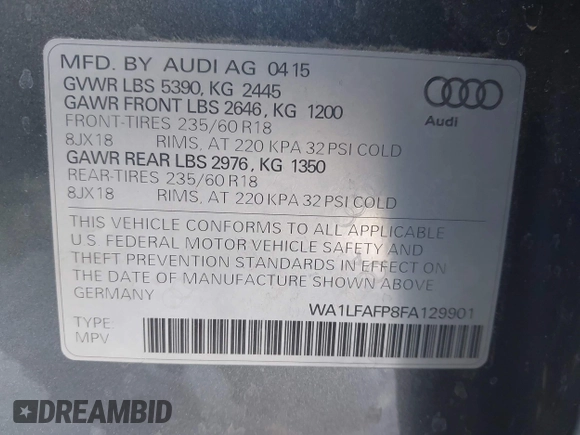 2015 Audi Q5 Premium Plus with VIN WA1LFAFP8FA129901, listed as a IAAI auction lot 41998617 with 109,008 mi miles and . Bid and sale history available at DreamBid. Image 9.