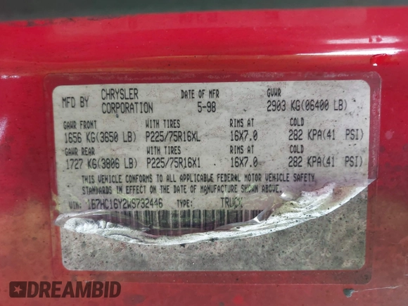 1998 Dodge 1500 z VIN 1B7HC16Y2WS732446, wystawiony jako IAAI lot #42320958 z przebiegiem Nie podano mil oraz . Historia ofert i sprzedaży dostępna na DreamBid. Obrazek 9.