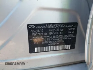 2014 Hyundai Sonata SE with VIN 5NPEC4AC0EH848726, listed as a IAAI auction lot 41747200 with 121,720 mi miles and . Bid and sale history available at DreamBid. Image 9.
