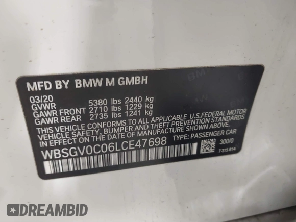 2020 BMW M8 with VIN WBSGV0C06LCE47698, listed as a IAAI auction lot 41457199 with 50,772 mi miles. Bid and sale history available at carsss.com. Image 9.