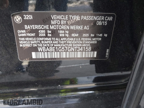 2016 BMW 3 Series 320i with VIN WBA8E1G57GNT34158, listed as a IAAI auction lot 41460721 with 123,765 mi miles and . Bid and sale history available at carsss.com. Image 9.