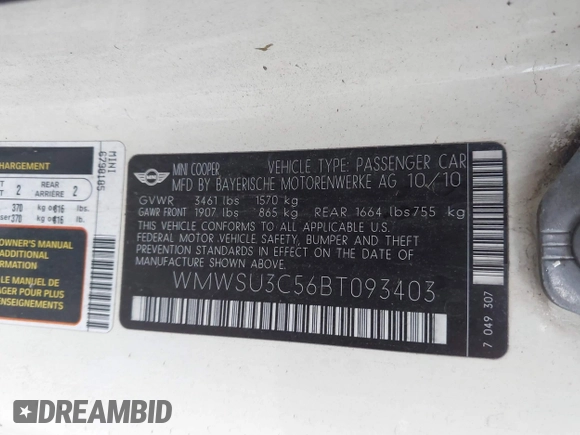 2011 MINI Hardtop with VIN WMWSU3C56BT093403, listed as a IAAI auction lot 42795188 with 123,454 mi miles and . Bid and sale history available at DreamBid. Image 9.