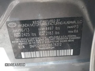 2013 Hyundai Sonata Limited with VIN 5NPEC4AB2DH678312, listed as a IAAI auction lot 41744289 with 177,406 mi miles and . Bid and sale history available at carsss.com. Image 9.