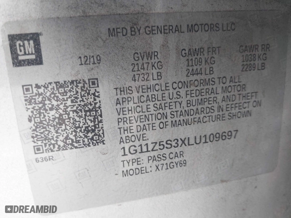 2020 Chevrolet Impala LT with VIN 1G11Z5S3XLU109697, listed as a IAAI auction lot 41698822 with 102,541 mi miles. Bid and sale history available at carsss.com. Image 9.
