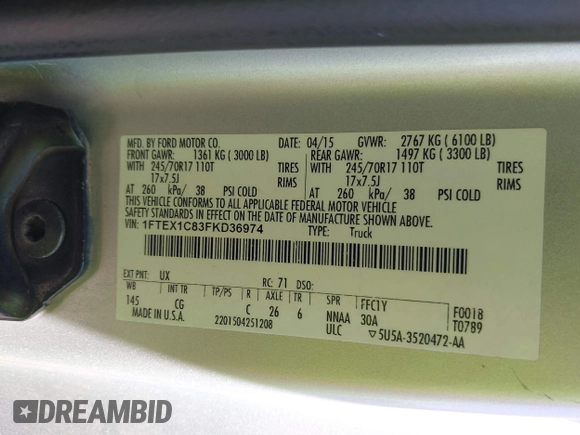 2015 Ford F-150 XL с VIN 1FTEX1C83FKD36974, выставлен на аукционе IAAI как лот 42496516 с пробегом 228 196 миль миль и . История ставок и продаж доступна на DreamBid. Изображение 9.