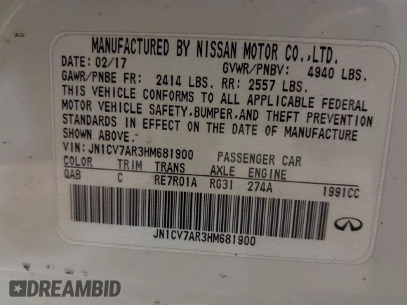 2017 Infiniti Q50 2.0t with VIN JN1CV7AR3HM681900, listed as a IAAI auction lot 41694543 with 158,028 mi miles. Bid and sale history available at carsss.com. Image 9.