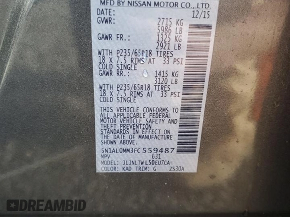 2015 Infiniti QX60 with VIN 5N1AL0MM3FC559487, listed as a Copart auction lot 56482765 with 140,735 mi miles and Salvage title. Bid and sale history available at DreamBid. Image 13.
