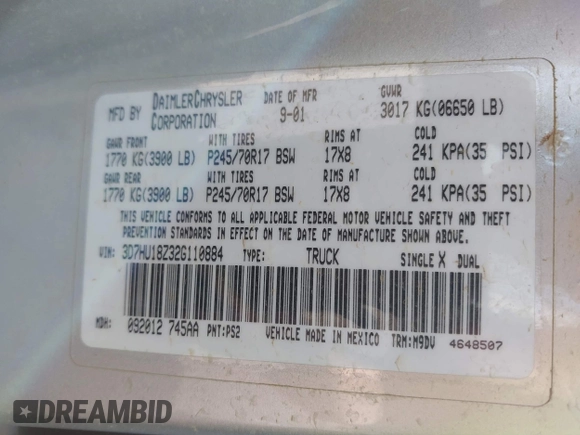 2002 Dodge 1500 z VIN 3D7HU18Z32G110884, wystawiony jako IAAI lot #42468767 z przebiegiem Nie podano mil oraz . Historia ofert i sprzedaży dostępna na DreamBid. Obrazek 9.