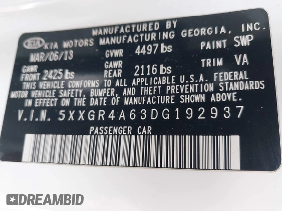 2013 Kia Optima SX with VIN 5XXGR4A63DG192937, listed as a IAAI auction lot 42247881 with 114,837 mi miles and . Bid and sale history available at DreamBid. Image 9.